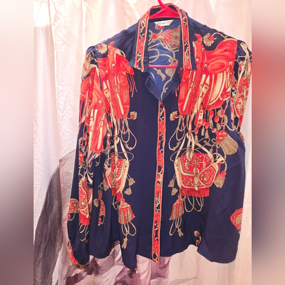 Lady Fashion western stye blouse really cute! No size tag small, med? Polyester?